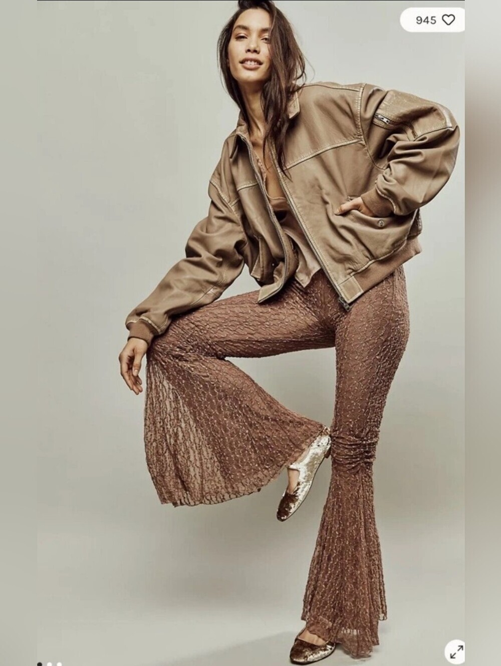 Free People Georgina Brown Mesh Lace Bell Bottom Hippie Flare Pants